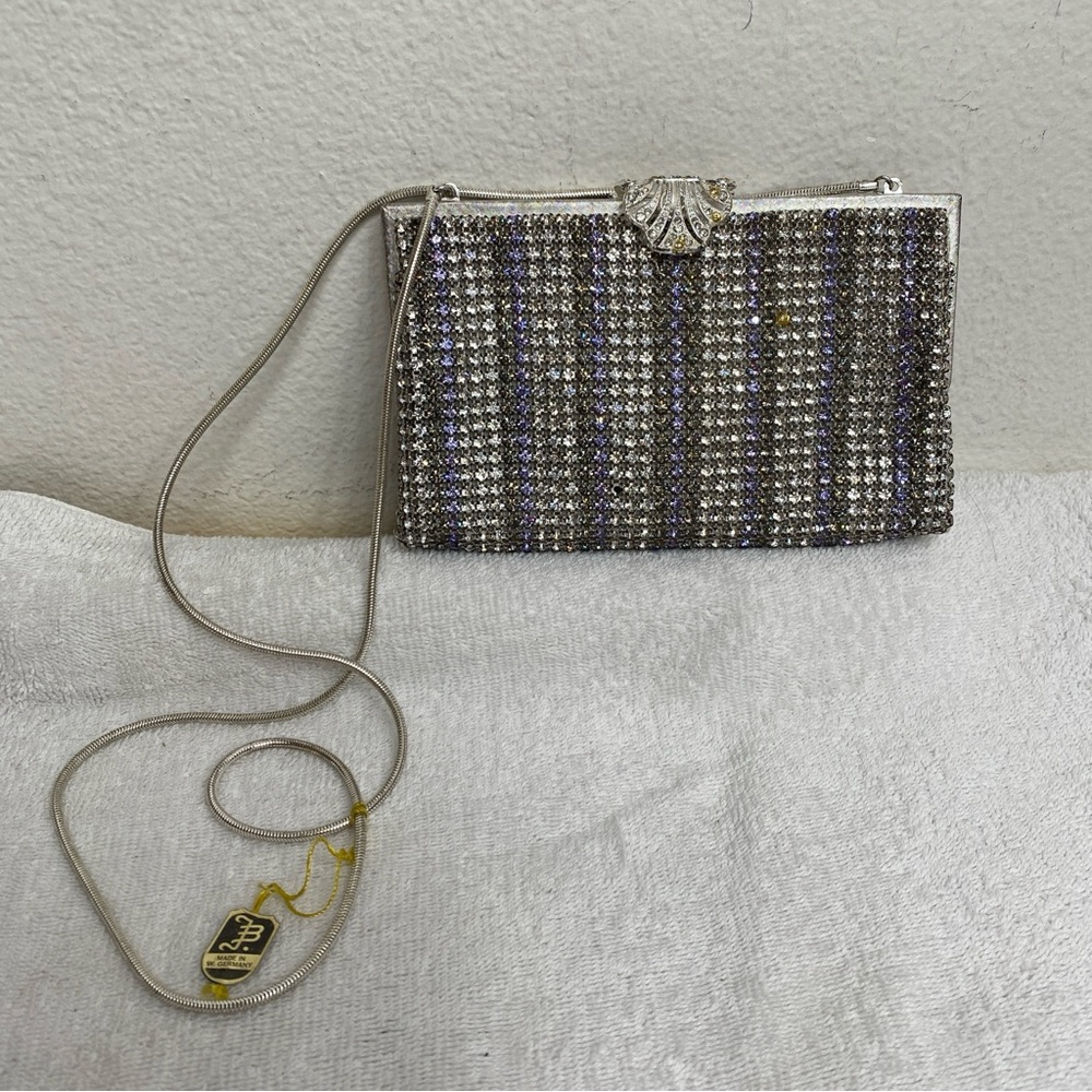 Vintage Womens Johann Becker Blue Silver Bling Clutch + Shoulder Small Purse Bag